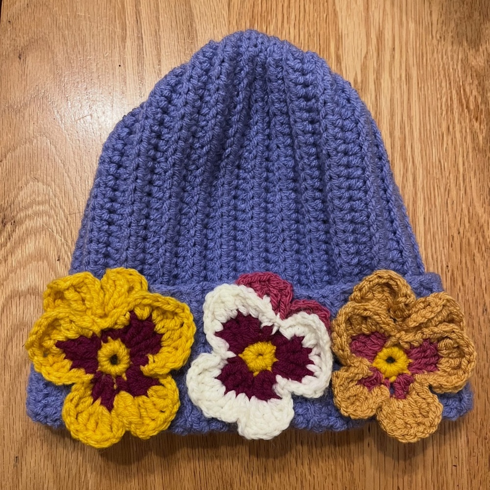 Women’s Crochet Beanie with Floral Accents